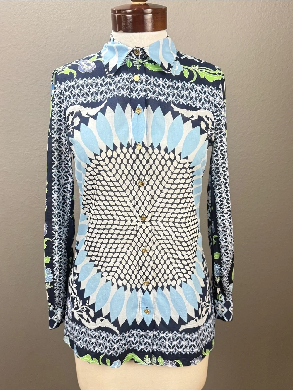 Tory Burch Floral Sunburst Multi Mosaic Cotton Button Up LS Blouse Top Sz 2